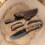 Bushcraft Knife with Ferro Rod – Black Oxide Coated, Walnut Handle & Leather Sheath – Dusk
