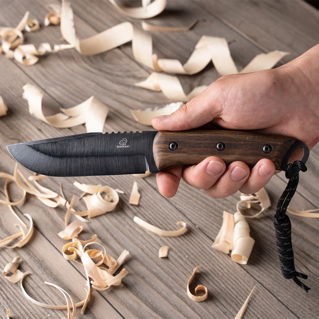 Bushcraft Knife for Outdoor & Survival – Black Oxide Coated Carbon Steel Knife with Walnut Handle & Leather Sheath – BSH4 Dusk