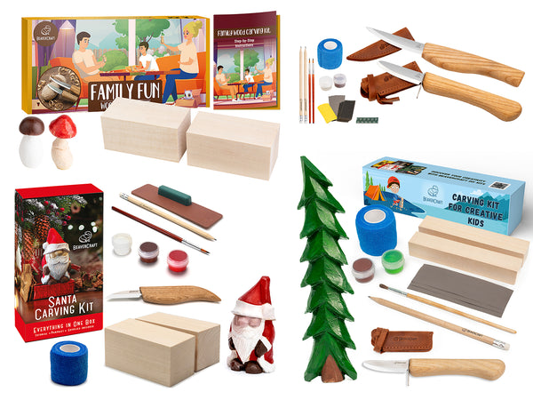 Holiday Fun Set – Complete Wood Carving Kit Bundle with Santa, Family Fun & Spruce Tree – BDIY06_08_09