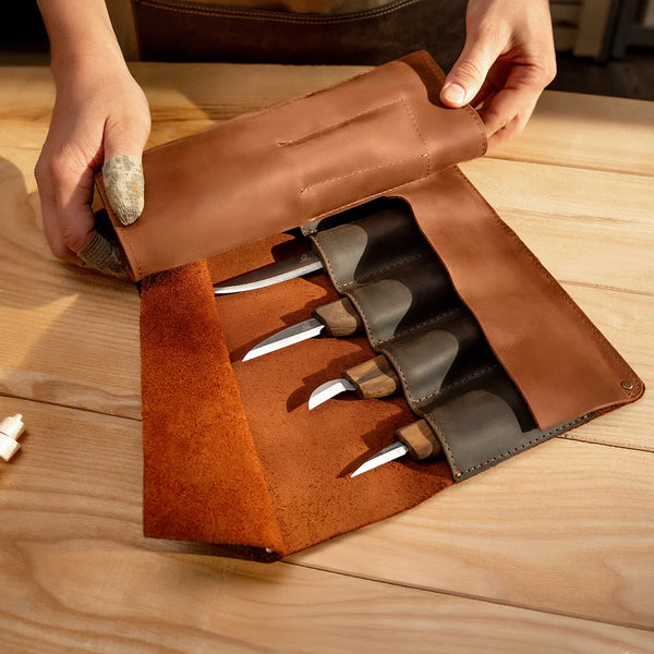 8-Piece Premium Wood Carving Knife Set – Walnut Handle Wood Carving Knives in Leather Tool Roll – S18X