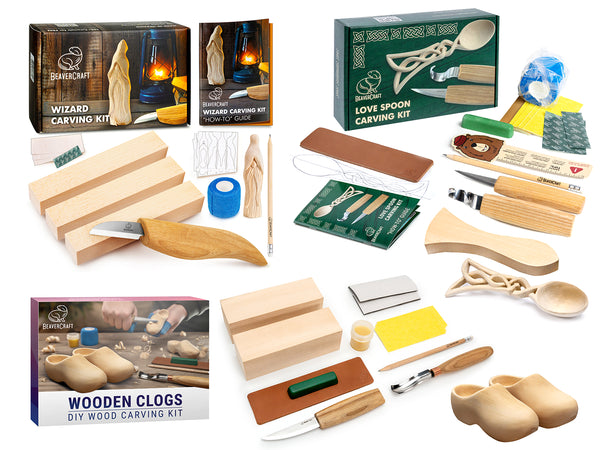 Wizard's Choice – Complete Wood Carving Kit Bundle with Wizard, Celtic Spoon & Wooden Clogs – BDIY03_04_10