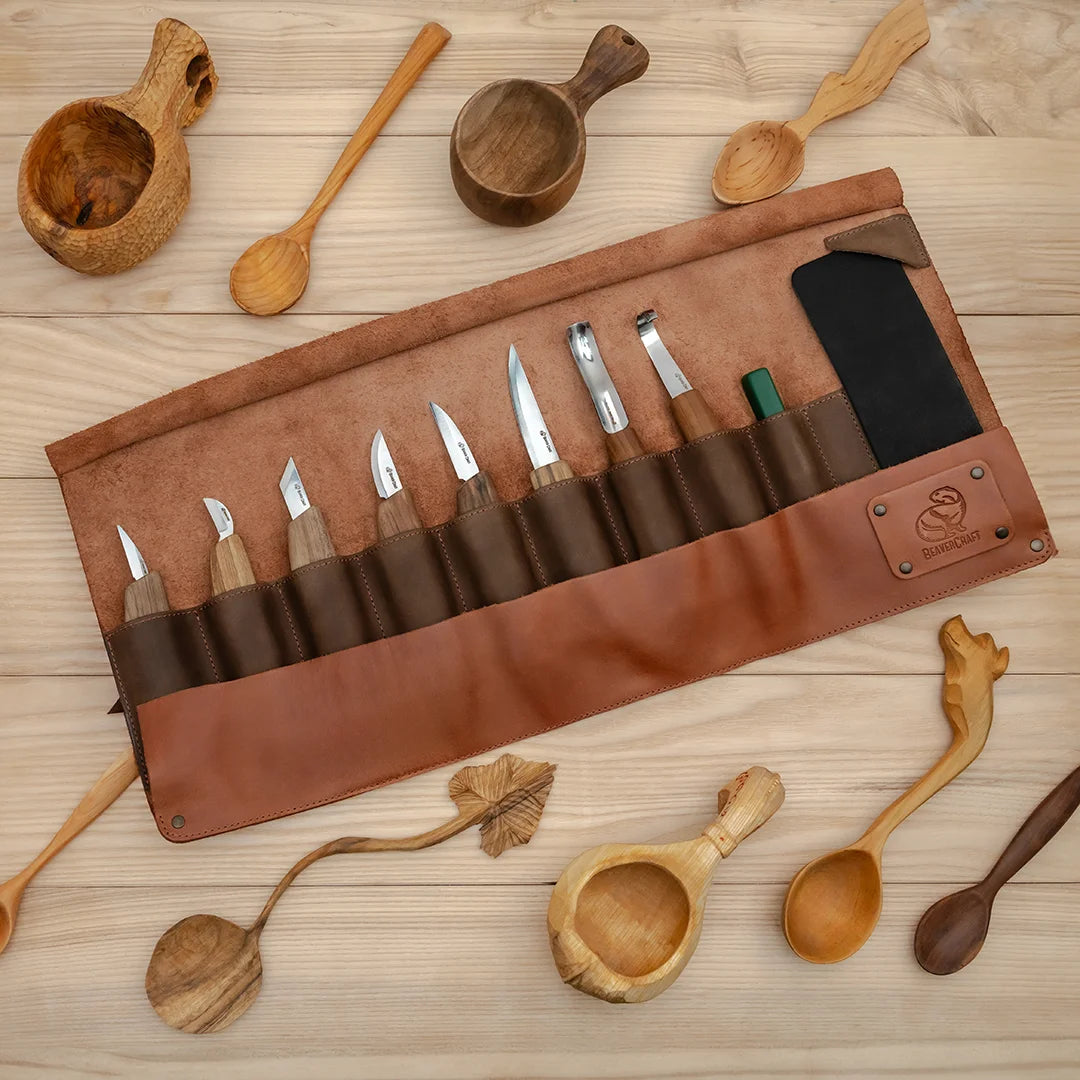 8-Piece Premium Wood Carving Knife Set – Walnut Handle Wood Carving Knives in Leather Tool Roll – S18X