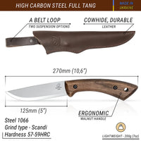 Bushcraft Knife for Camping & Outdoor – Carbon Steel Knife with Walnut Handle & Leather Sheath – BSH1 Dune
