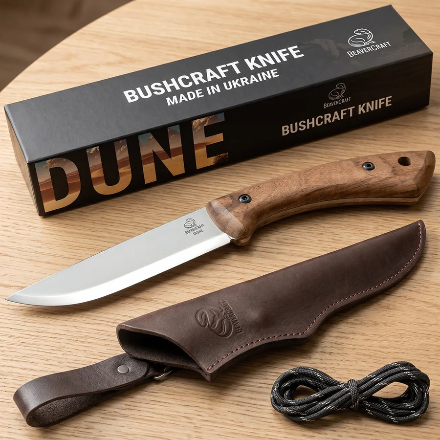 Cuchillo Bushcraft de Acero al Carbono Mango de Nogal con Funda de Cuero – BSH1 Dune