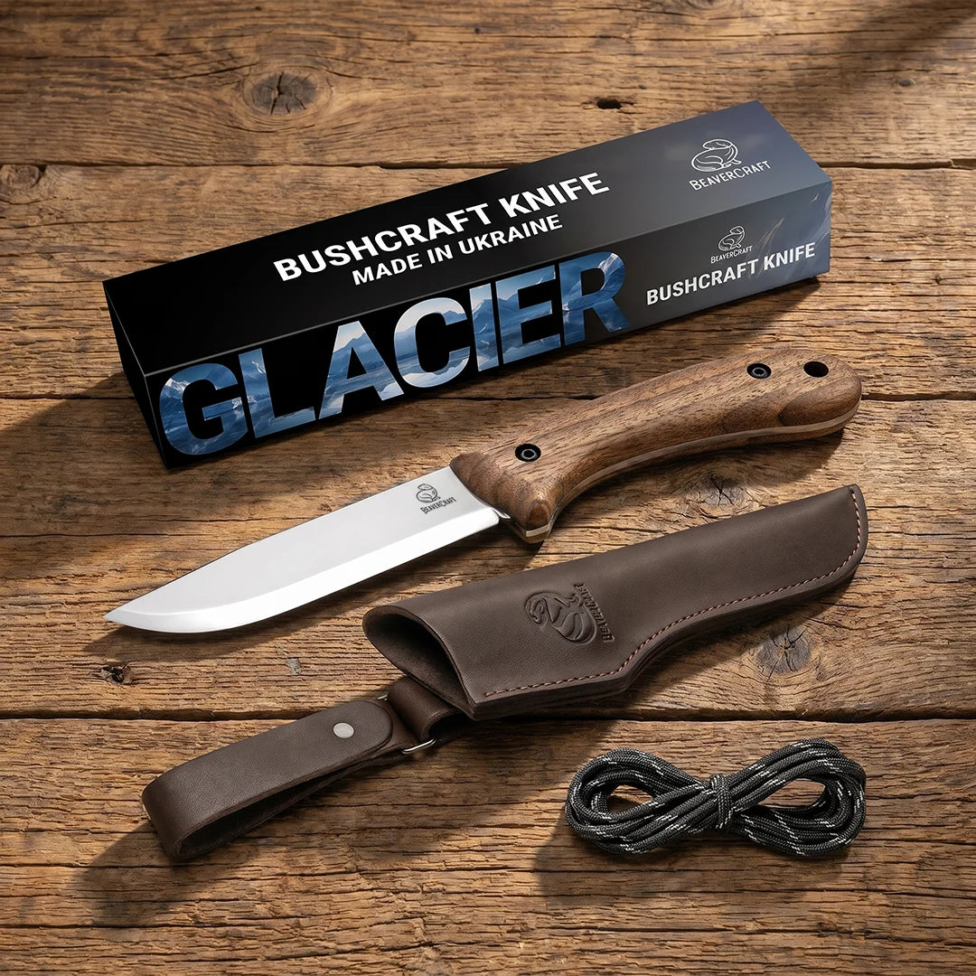 Bushcraft Knife for Camping & Outdoor – Carbon Steel Knife with Walnut Handle & Leather Sheath – BSH2 Glacier