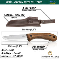 Bushcraft Knife for Camping & Outdoor – Carbon Steel Knife with Walnut Handle & Leather Sheath – BSH2 Glacier