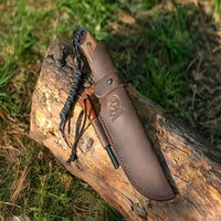 Bushcraft Knife with Ferro Rod – Black Oxide Coated, Walnut Handle & Leather Sheath – Dusk