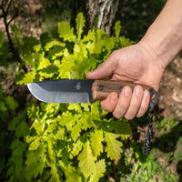 Bushcraft Knife with Ferro Rod – Black Oxide Coated, Walnut Handle & Leather Sheath – Dusk