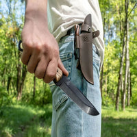 Bushcraft Knife with Ferro Rod – Black Oxide Coated, Walnut Handle & Leather Sheath – Dusk