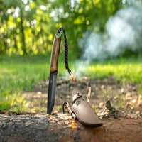 Bushcraft Knife with Ferro Rod – Black Oxide Coated, Walnut Handle & Leather Sheath – Dusk