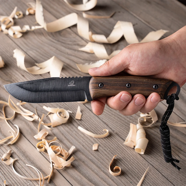 Bushcraft Knife for Outdoor & Survival – Black Oxide Coated Carbon Steel Knife with Walnut Handle & Leather Sheath – BSH4 Dusk