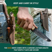 Bushcraft Knife with Ferro Rod – Black Oxide Coated, Walnut Handle & Leather Sheath – Dusk
