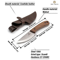 Bushcraft Knife for Camping & Outdoor – Carbon Steel Knife with Walnut Handle & Leather Sheath – BSH7 Wild Harvest
