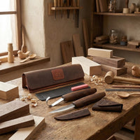 2-Piece Premium Spoon Carving Set – Walnut Handle Starter Wood Carving Knife Set in Leather Tool Case – S01X Brown