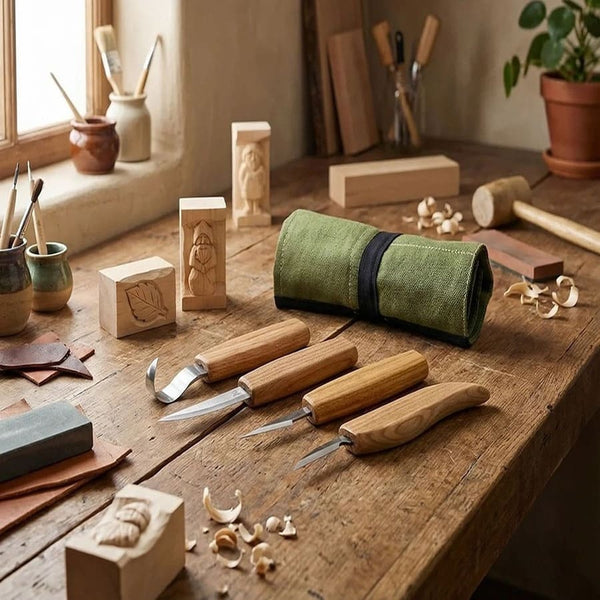 4-Piece Wood Carving Knife Set  – Whittling, Detail & Spoon Carving Knives Set in Tool Roll – S09
