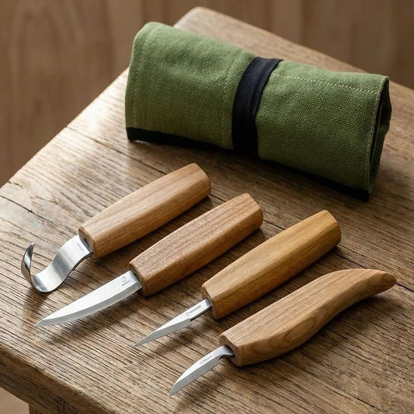 4-Piece Wood Carving Knife Set  – Whittling, Detail & Spoon Carving Knives Set in Tool Roll – S09