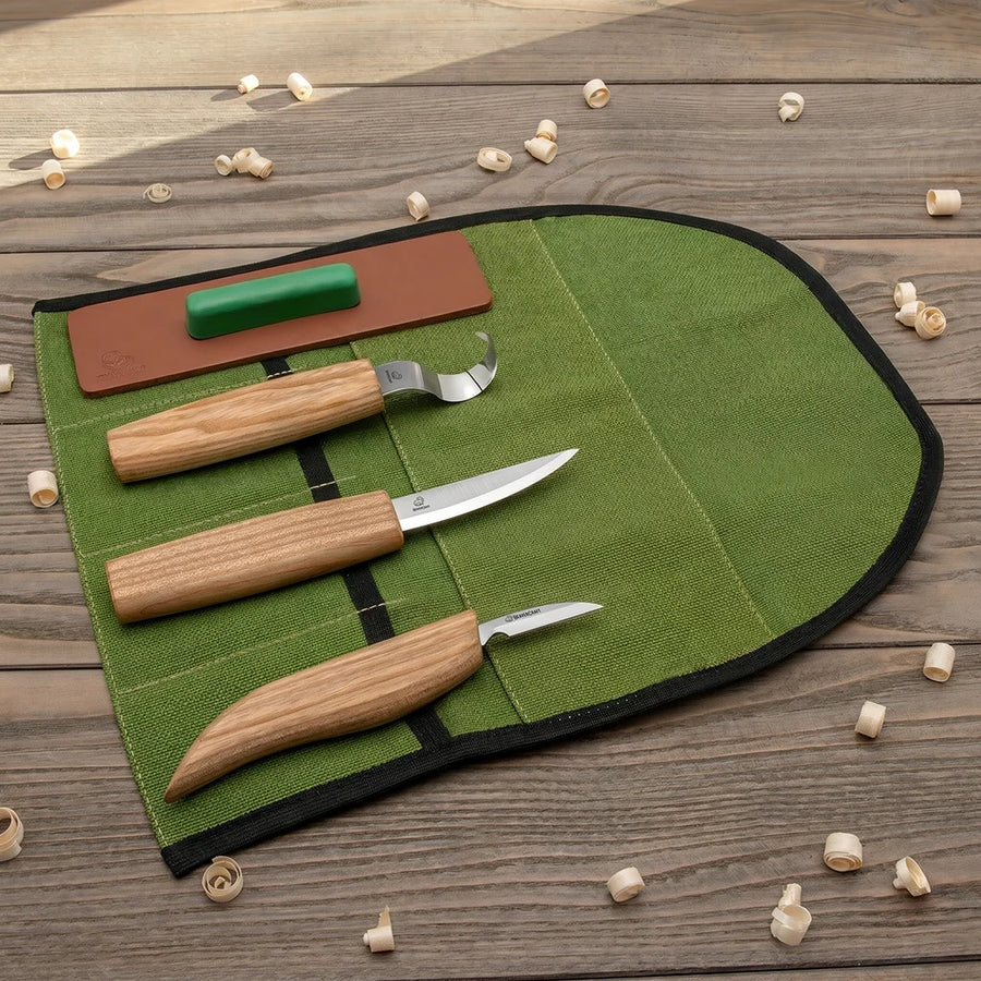 Left-Handed 3-Piece Spoon Carving Set – Wood Carving Knife Set in Tool Roll – S13L