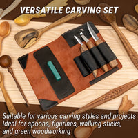 3-Piece Premium Spoon Carving Knife Set – Walnut Handle Wood Carving Knives in Leather Tool Case – S13X