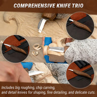 3-Piece Premium Wood Carving Knife Set – Walnut Handle Wood Carving Knives in Leather Tool Case – S15X
