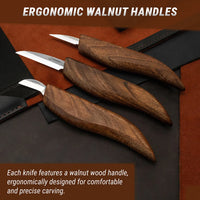 3-Piece Premium Wood Carving Knife Set – Walnut Handle Wood Carving Knives in Leather Tool Case – S15X