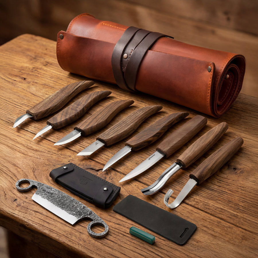 9-Piece Premium Wood Carving Knife Set – Walnut Handle Wood Carving Knives in Leather Tool Roll – S18X+