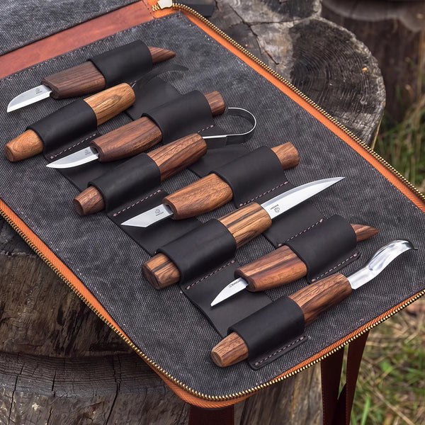 9-Piece Premium Wood Carving Tool Set – Walnut Handle Wood Carving Knives in Leather Tool Bag – S50X
