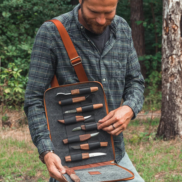 9-Piece Premium Wood Carving Tool Set – Walnut Handle Wood Carving Knives in Leather Tool Bag – S50X