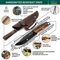 Bushcraft Knife with Ferro Rod – Black Oxide Coated, Walnut Handle & Leather Sheath – Dusk