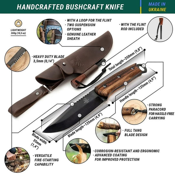 Bushcraft Knife with Ferro Rod – Black Oxide Coated, Walnut Handle & Leather Sheath – Dusk