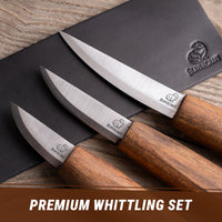 3-Piece Premium Whittling Knife Set – Walnut Handle Whittling Knives in Leather Tool Case – S19X+