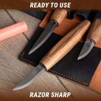 3-Piece Premium Whittling Knife Set – Walnut Handle Whittling Knives in Leather Tool Case – S19X+