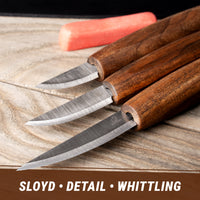 3-Piece Premium Whittling Knife Set – Walnut Handle Whittling Knives in Leather Tool Case – S19X+