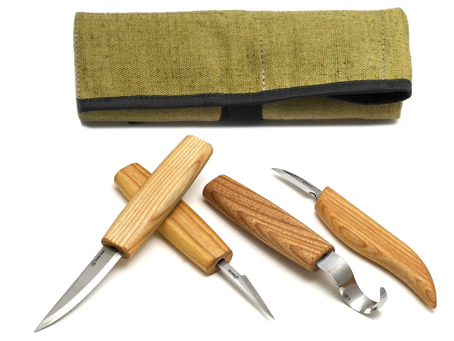 Left-Handed 4-Piece Wood Carving Knife Set  – Whittling, Detail & Spoon Carving Knives Set in Tool Roll – S09L